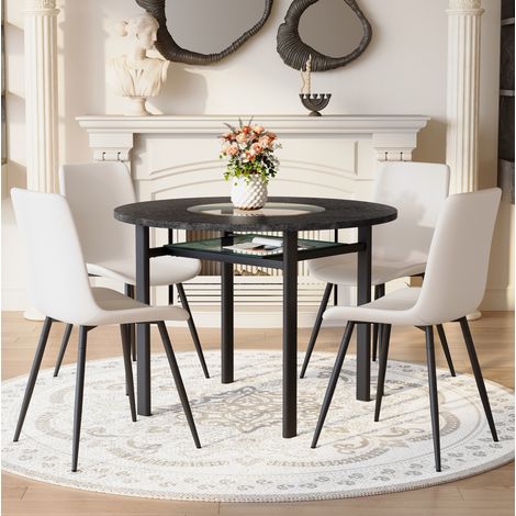 REDOM - Ensemble table ronde, plateau en MDF effet bois noir, insert en verre trempé, 4 chaises en cuir PU blanc et métal noir (1/5)