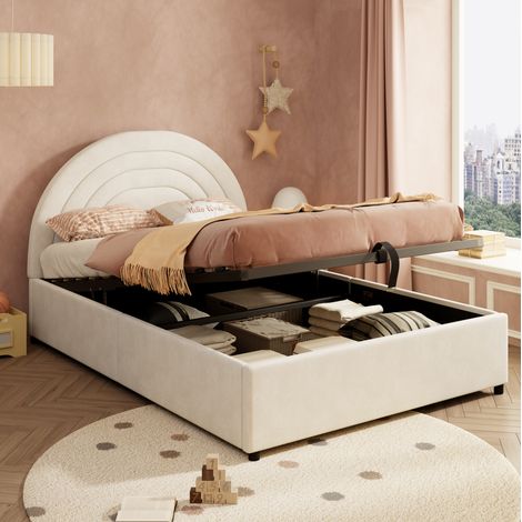 Lit coffre en velours beige 140x190 cm avec tête de lit rembourrée et sommier à lattes (1/5)