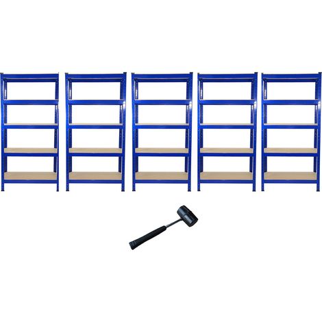 5 Estanterías Acero Azules Sin Tornillos 75x30cm Estanterias Metalicas y 1 Mazo de Goma Almacenamiento Herramientas Garaje Garage Taller Almacenaje Banco de Trabajo Martillo Metal Racking Blue