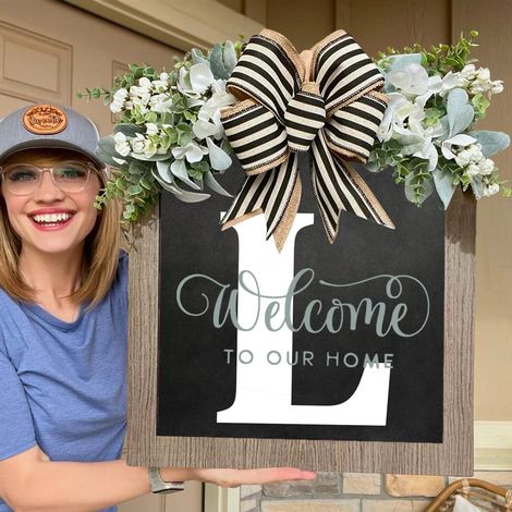 Guirlande Porte D Entree - Bois Naturel - Personnalisable Avec Nom De Famille - Décor Extérieur Toute L Année - 24 Lettres - Avec Nœud En Toile De Jute - 1 Pièce (1/3)