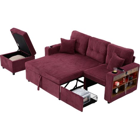 Canapé convertible en velours côtelé avec coffre de rangement, USB-C, LED d’ambiance, porte-gobelets et larges accoudoirs, idéal salon ou chambre d’amis CHICFURN (1/5)