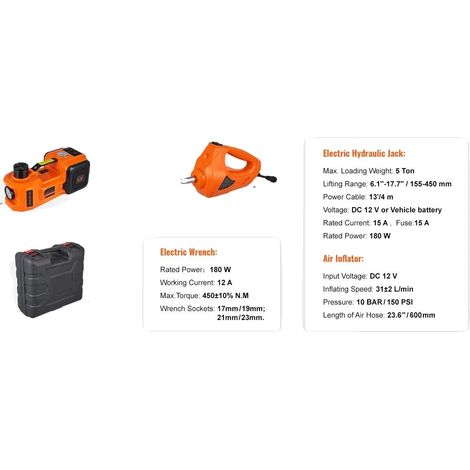 Gato eléctrico, capacidad de 5 toneladas, llave de impacto integrada, color naranja. (1/2)