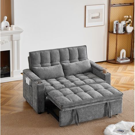 Divano letto 3 in 1 in ciniglia grigia con contenitore e portabicchieri - CHICFURN (1/5)