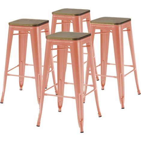 Lot de 4 tabourets de bar en métal mat terracotta et bois (1/4)