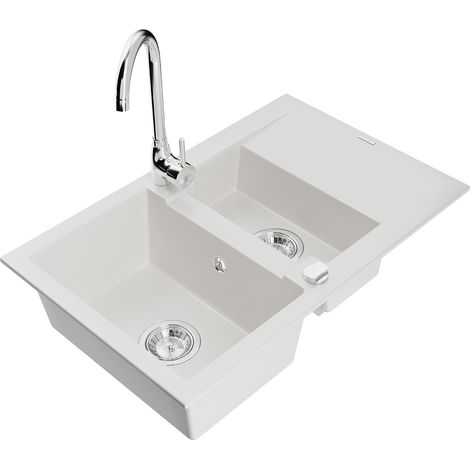 Mexen Gaspar évier en granit 1,5-bac avec égouttoir et mitigeur de cuisine Telma, blanc - 6507-20-670200-00