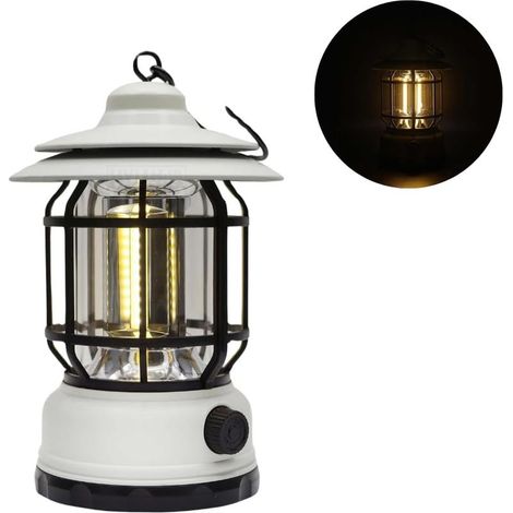 Wiederaufladbare, tragbare Laterne für Camping, warmweißes Licht, klassischer Retro-Stil, weiß (1/4)