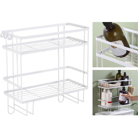 Étagère de toilette épaisse, imperméable, grande capacité, installation sans clous, à fixer au fer à repasser, organisateur de salle de bain double couche blanche (1/5)