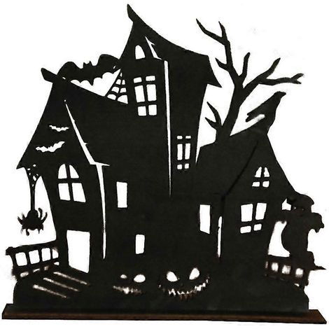 Décorations d'Halloween en bois : silhouette en bois représentant une maison hantée, à décorer sur un bureau, sur le thème d'Halloween. (1/5)