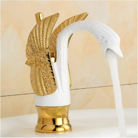 Golden Classic Salle de Bains Bassin Robinet High Court Shape Bird Bird Boulette Douce Effluent Mélangeuse à Eau Chaude et Froide(Gold White Short) (1/5)