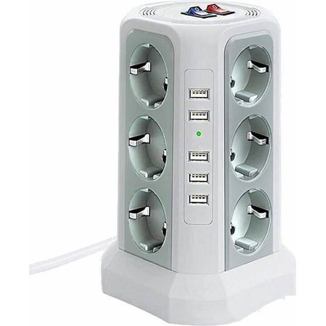 Multiprise Parafoudre avec 5 Ports USB et 12 Prises 2 Interrupteurs Blanc (1/4)