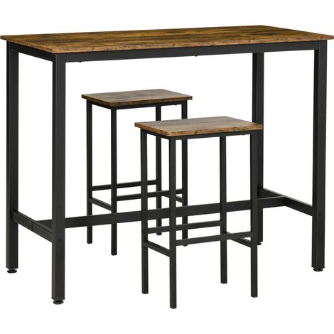 120x60cm Bar Table Set, Breakfast Table 2 Stools, 3-Piece Counter Height Dining Table & Chairs for Kitchen, Living Room, Rustic Brown (1/5)