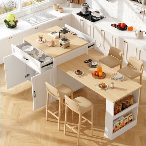 Carrito de cocina blanco con mesa de comedor extensible, 2 cajones, 2 compartimentos, estantes laterales, tablero de madera, manijas negras (1/5)
