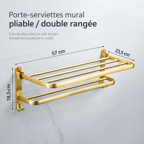 Porte-serviettes de bain en aluminium doré brossé grand coude avec crochets, double usage avec ou sans perçage, 1,1 kg – Livraison gratuite (1/2)