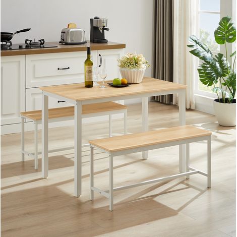 Table à manger industrielle avec 2 bancs, 110 x 60 x 75 cm, bois naturel et blanc (1/5)