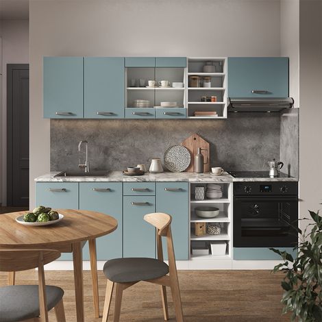 Cucina componibile R-Line, Blu-grigio/bianco, 240 cm senza piano di lavoro, Vicco (1/5)