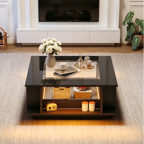 Table basse carrée 70x70x30 cm avec plateau en verre, rangement et éclairage LED USB, noir HAVRYA (1/5)
