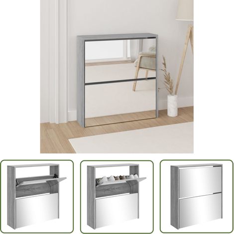 The Living Store Schuhschrank mit Spiegel 2 Fächer Grau Sonoma 63x17x67 cm - Schuhschrank - Schuhregal - Garderobe - Einbauschrank - Aufbewahrungsraum (1/5)