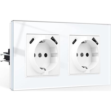 Enchufe doble con puerto USB, 2 × (puertos USB-A y USB-C, máx. total 2,1 A), enchufe tipo garra, toma Schuko con marco de cristal blanco, 2 posiciones.