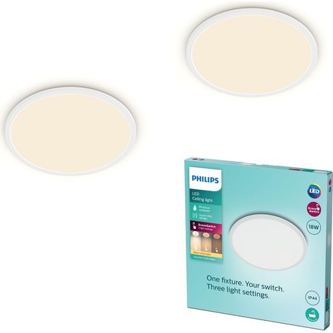 Plafonnier LED Superslim pour salle de bains, blanc, 18W, lumière blanc chaud 2 700K, 3 réglages de lumière, variateur sans gradateur, protection IP44, lot de deux (1/5)
