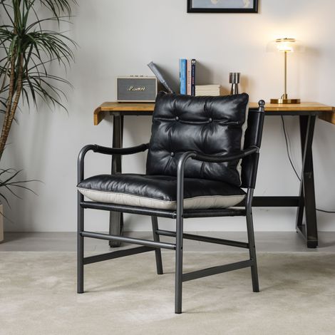 Sedia accentata in pelle, poltrona Mid Century Modern con telaio in metallo nero, sedia singola per soggiorno e camera da letto (1/5)