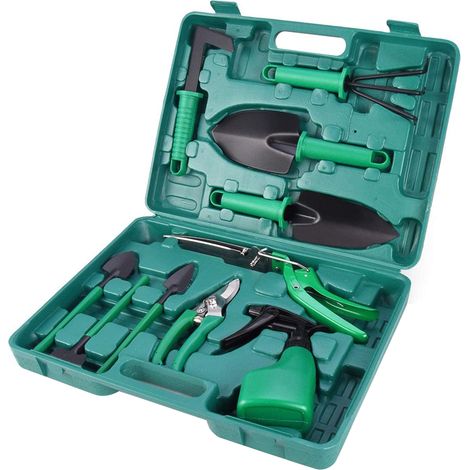 Kit d'outils de jardinage et de réparation portable, ensemble de 10 pièces, petits outils avec boîte à outils, ensemble d'outils de taille et de plantation de plantes succulentes BL-0001, noir et vert