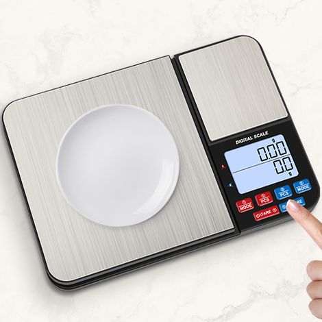Báscula de cocina digital de doble plataforma, 10 kg/1 g y 500 g/0,01 g, báscula de alimentos de alta precisión, 7 unidades, función de tara, PCS, multifuncional para pesar, pilas incluidas (1/5)
