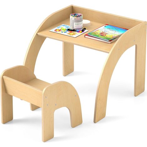GOPLUS Table Enfant avec Chaise, Bureau Enfant en Bois avec Chaise Ergonomique, Plateau Large, Petit Table d'Activités pour Manger, Dessiner, Lire, Meuble de Chambre d'enfant (Naturel)