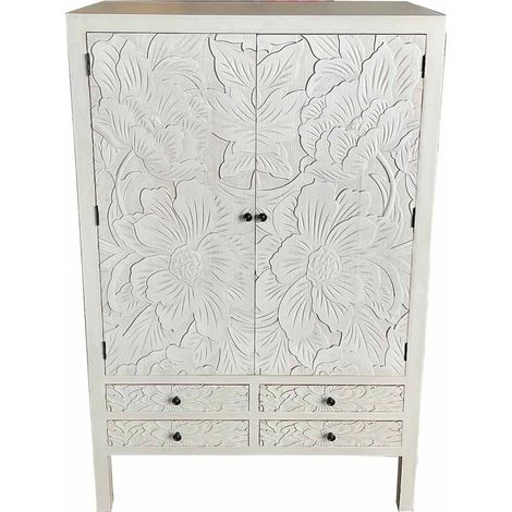 Armoire romantique blanche avec portes sculptées et tiroirs - blanc floral sculpté (1/5)