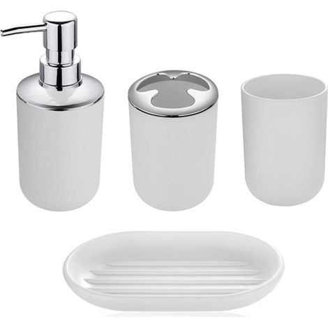 Modernes Design, 4-teiliges Badezimmer-Zubehör-Set, Lotionsflaschen, Zahnbürstenhalter, Zahnbecher, Seifenschale, Weiß-Vier