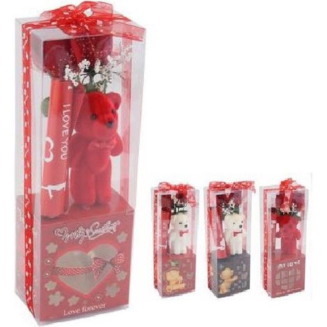 Trade Shop - Orsetto Peluche Con Fiore Confezione Regalo Per San Valentino 10x7.5x30cm 63300 - (1/2)