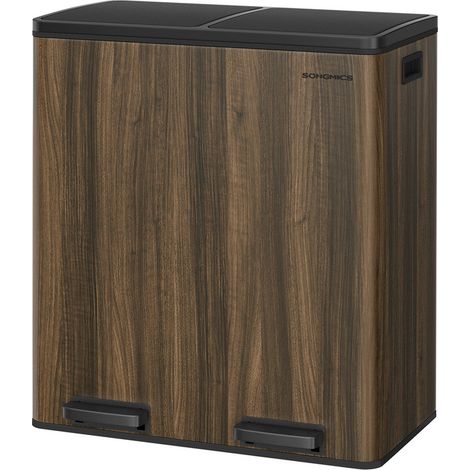 Songmics – Poubelle à pédale 2 compartiments 2 x 30 L – Couvercles en métal – Seaux intérieurs en plastique – Mécanisme de fermeture douce – Noyer foncé