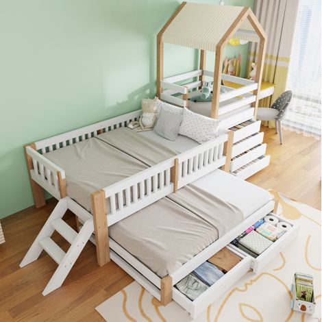 Letto bambino 90 x 200 cm con letto estraibile 90 x 190 cm, contenitori e tetto in tessuto HAVRYA (1/5)