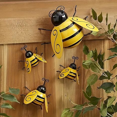 Lot de 4 mini abeilles décoratives en métal, sculpture 3D, décoration murale extérieure, décoration de jardin, décoration de clôture (1/5)