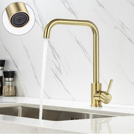 Lonheo Robinet de Cuisine 7-Forme Rotatif à 360°Mitigeur Évier à Eau Froide et Chaude en Acier Inoxydable avec Barboteur démotable, Doré (1/5)