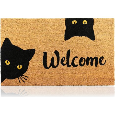 Tapis de porte en fibre de coco avec motifs de chats, 74 x 43 cm. Tapis de bienvenue antidérapant en PVC et fibre de coco, idéal pour l'entrée, les couloirs, les portes extérieures et comme accessoire (1/2)