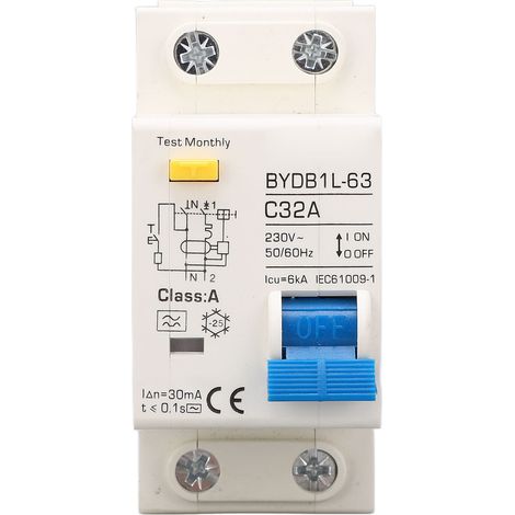 Disjoncteur différentiel monophasé 32 A 32 mA 6 kA, protection contre les fuites de courant, montage sur rail DIN, type A, 230 V