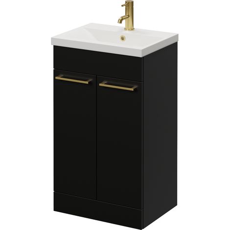 Napoli 390 Matt Black 500mm 2 Door Vanity Unit with Glide Basin - 500mm - Brushed Brass 160mm Handle