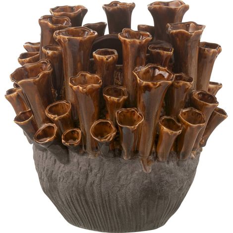 Vase anémone en porcelaine marron gris décoration moderne - Marron effet anémone gris foncé