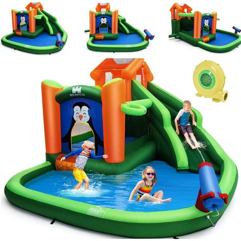 COSTWAY Château Gonflable avec Toboggans Aquatiques, Aire de Jeux Gonflable Piscine avec Motif de Pingouin, Canon à Eau, Panier de Basket-Ball 3 à 10 Ans Vert Avec Souffleur 680W (1/5)