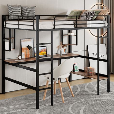 Cadre de lit en métal — Lit en fer avec bureau intégré — Lit mezzanine doté de quatre petites étagères et d'une grande bibliothèque — Adapté aux enfants, aux adolescents et aux adultes (1/5)