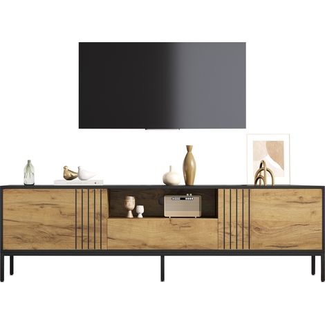 Mueble TV con 2 Puertas, 1 Cajón y 1 Hueco Abierto, Estilo Moderno para Salón, en Tablero de Partículas, 170 × 35 × 50 cm, Roble y Negro (1/5)
