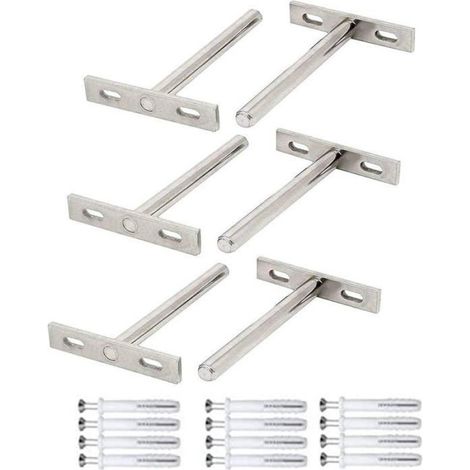 Support Étagère Flottante - Forme T Cachée - Acier Nickelé - Charge Max 10 kg - Pour Mur Béton Brique Plâtre - Lot de 6 (1/4)
