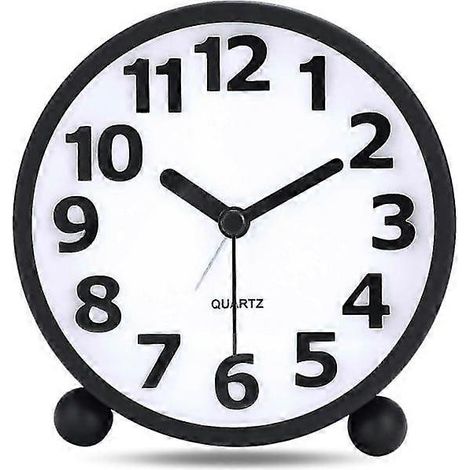 Réveil analogique silencieux, en métal noir avec grands chiffres 3D, horloge de table sans tic-tac et veilleuse intégrée (10,8 cm).