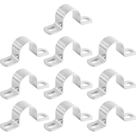 Lot de 10 colliers de serrage pour tuyaux, diamètre 25 mm, en acier inoxydable robuste, avec support en U et 2 trous, pour la plomberie, l'électricité et les tuyaux d'échappement. (1/5)