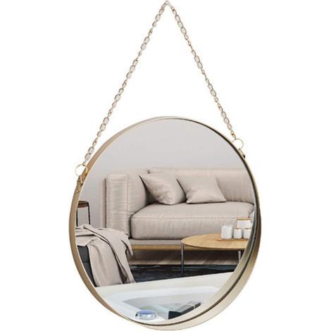 Hanging Mirror, 25 x 25 cm Round Bathroom Makeup Mirror Brass Frame with Hanging Chain Simple Style [Small Size] (1/5)