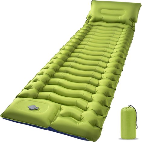 Matelas de camping ultraléger avec oreiller et pompe à pied intégrée. Matelas gonflable idéal pour le camping, la randonnée, les voyages, les tentes et pour un usage individuel. Vert. (1/5)