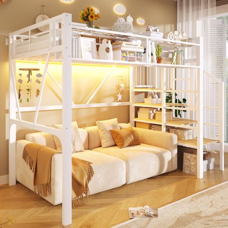 Lit mezzanine enfant 90x200 cm LED, étagère escalier, rangements, métal blanc (1/5)