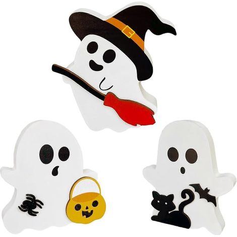 Décorations d'Halloween fantômes (lot de 3), panneaux en bois pour décorations de table en intérieur (1/4)
