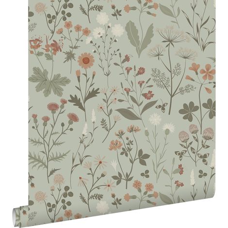papier peint fleurs des champs vert menthe grisé  - ESTAhome