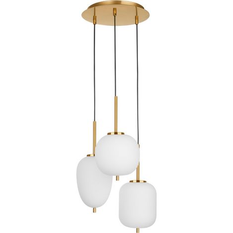 Merano Cornwall Plafonnier suspendu à 3 lumières en verre opale Laiton antique Métal Tissu noir Fil LED E14
